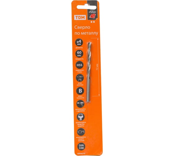 Сверло по металлу Рубин (4х72 мм; HSS; класс В, ц/х) TDM ELECTRIC SQ1090-0105