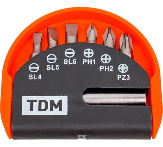 Набор бит TDM ELECTRIC №1, 6 бит: SL, PH, PZ, удлинитель CR-V сталь, в пластиковом держателе, «Алмаз» SQ1019-0101