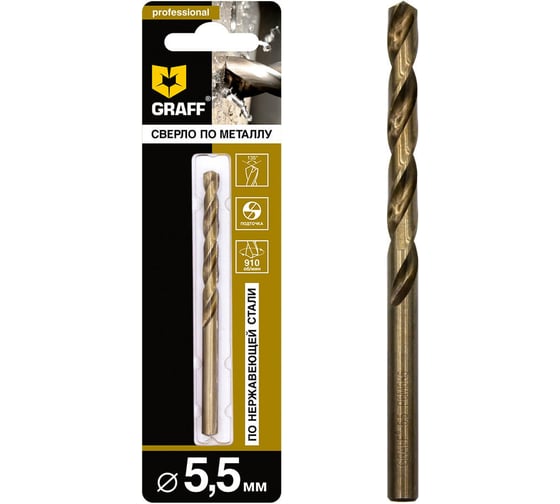 Сверло по нерж.стали GRAFF 5.5 мм Р6М5К5 в блистере 745593