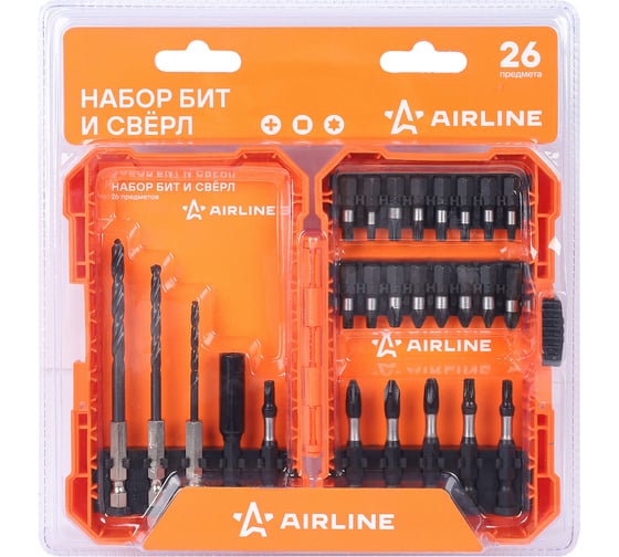 Набор бит и сверл AIRLINE 26пр. (PH, TORX, SQURE), пласт. кейс ATCA025