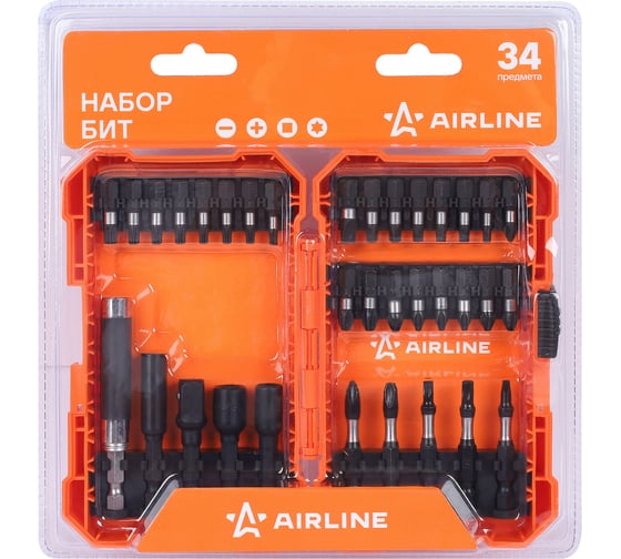 Набор бит AIRLINE 34пр. (PH, SL, TORX, SQUARE), пласт. кейс ATCA026