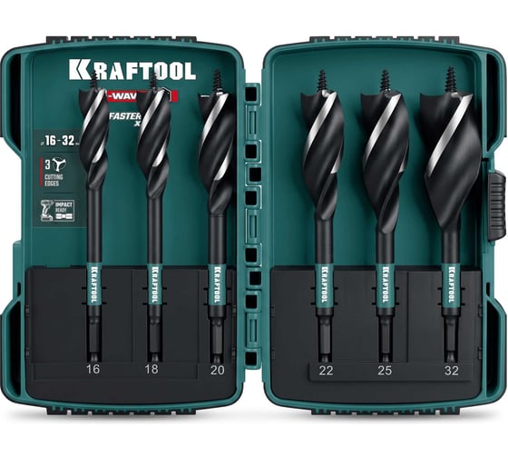 Набор KRAFTOOL 3-Wave 6 шт, трехзаходные сверла по дереву с резьбовым центрующим острием 29513-H6