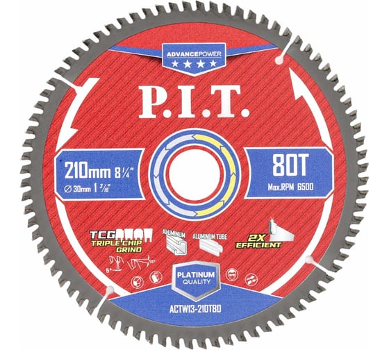 Диск пильный по алюминию P.I.T. ADVANCE 210x30x2.2 мм, 80T Carbide, зуб TCG 5 ACTW13-210T80
