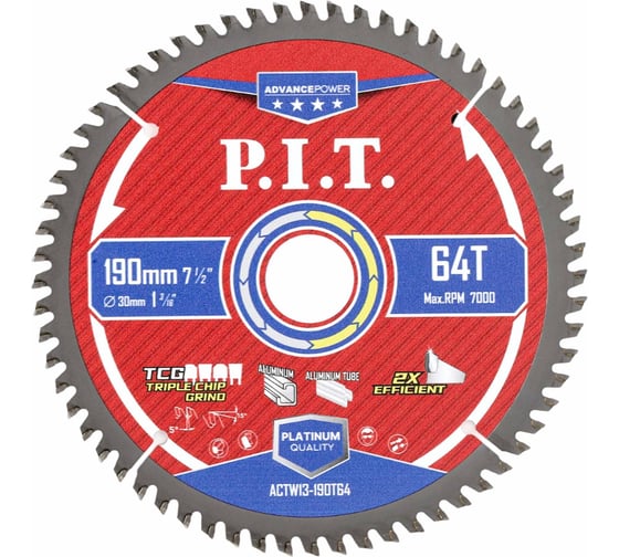 Диск пильный по алюминию P.I.T. ADVANCE 190x30x2.0 мм, 64T Carbide, зуб TCG 5 ACTW13-190T64