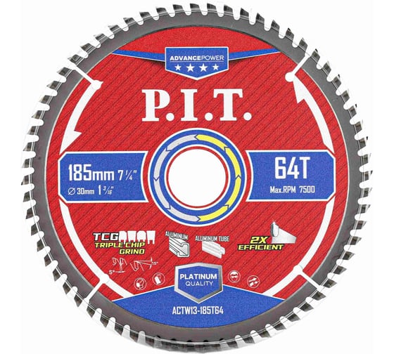 Диск пильный по алюминию P.I.T. ADVANCE 185x30x2.0 мм, 64T Carbide, зуб TCG 5 ACTW13-185T64