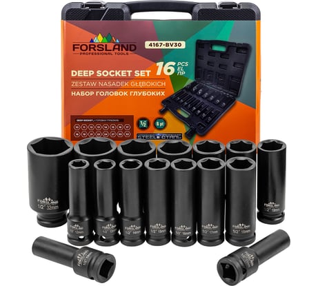 Головки глубокие Forsland 1/2, набор 16 предметов (6 граней), 4167-BV30(68525)
