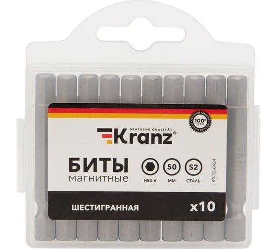 Бита шестигранная (10 шт; HEX6x50 мм; сталь S2) для шуруповерта KRANZ KR-92-0424