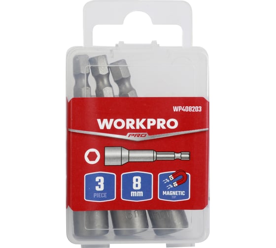 Головка магнитная Workpro 8мм (65мм, хвостовик HEX 1/4) 3шт WP408203