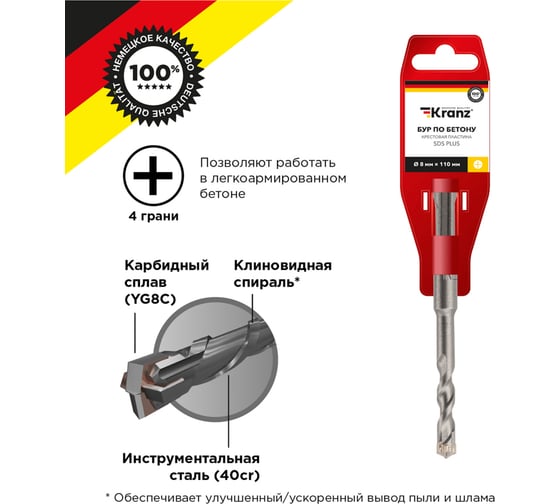 Бур по бетону (8x110x50 мм; крестовая пластина; SDS-Plus) KRANZ KR-91-0805