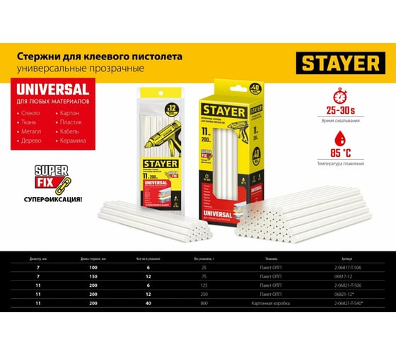 Прозрачные универсальные клеевые стержни STAYER Universal 11х200 мм, 12 шт STAYER 06821-12