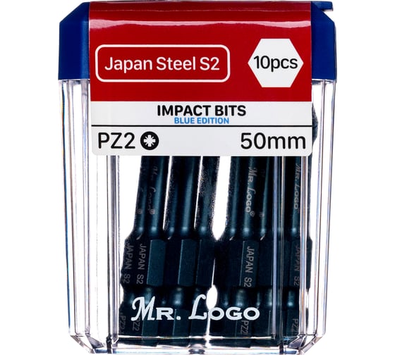 Биты Mr.Logo для шуруповерта магнитные торсионные IMPACT PZ2 x 50 мм PC Box - 10 шт GB-50PZ2