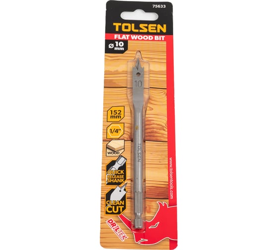 Сверло по дереву перьевое 10х152 мм, 1/4'' TOLSEN 75633 1