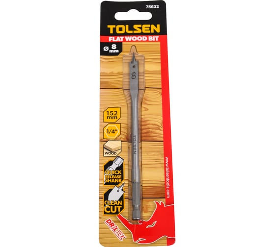 Сверло по дереву перьевое 8х152 мм, 1/4'' TOLSEN 75632 1