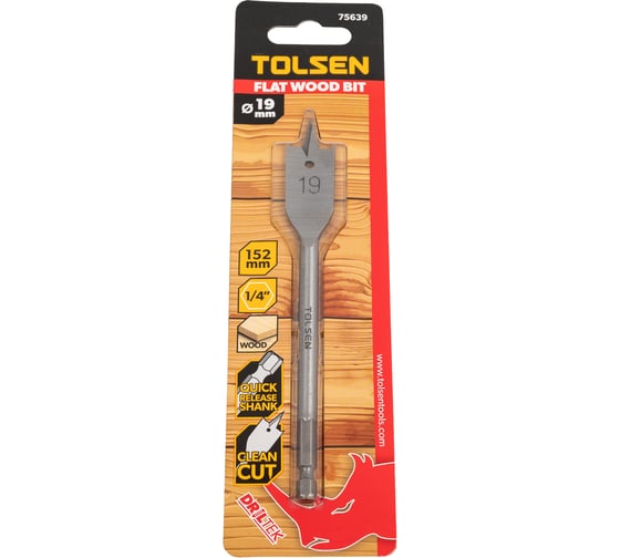 Сверло по дереву перьевое 19х152 мм, 1/4'' TOLSEN 75639 1