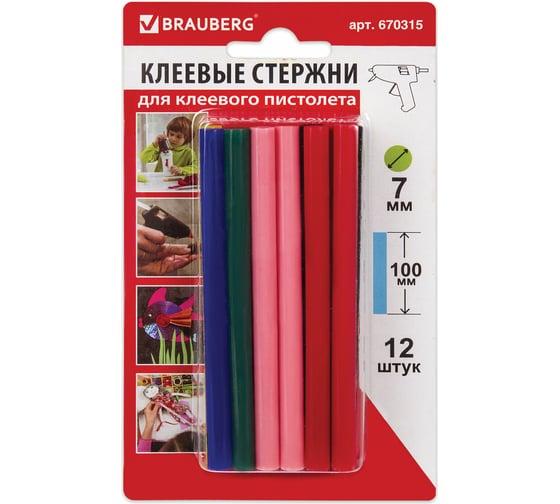 Клеевые стержни цветные (12 шт; 7х100 мм; 6 цветов) BRAUBERG 670315
