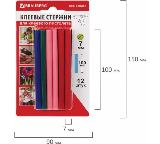 Клеевые стержни цветные (12 шт; 7х100 мм; 6 цветов) BRAUBERG 670315