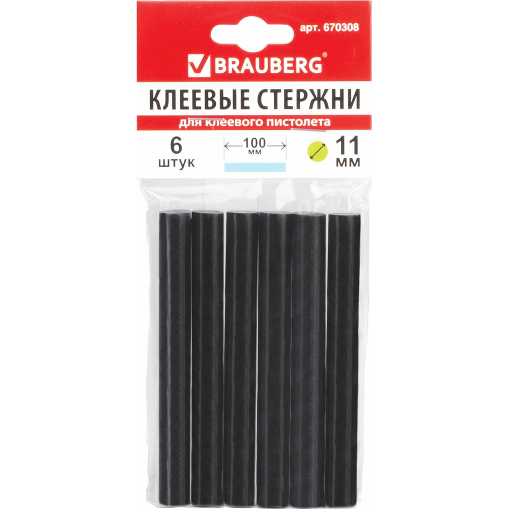 Клеевые стержни (6 шт; 11х100 мм; черные) BRAUBERG 670308 - выгодная ...