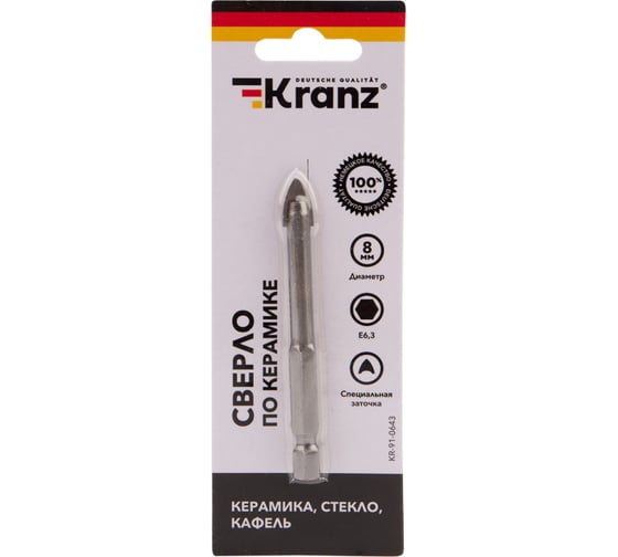 Сверло по стеклу и керамике 8 мм, 2 грани шестигранный хвостовик KRANZ KR-91-0643