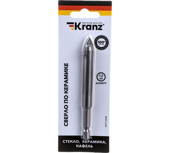 Сверло по стеклу и керамике 12 мм, шестигранный хвостовик KRANZ KR-91-0645