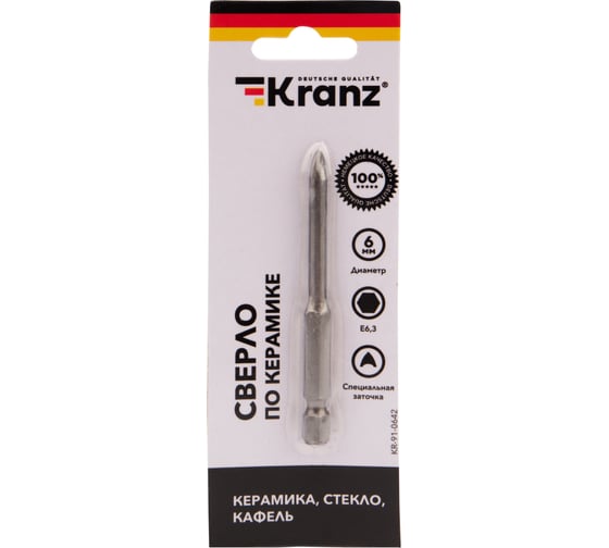 Сверло по стеклу и керамике 6 мм, шестигранный хвостовик KRANZ KR-91-0642