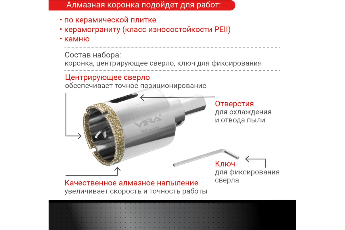 Коронка алмазная по керамике 35 мм VIRA 559504 - выгодная цена, отзывы,  характеристики, 2 видео, фото - купить в Москве и РФ