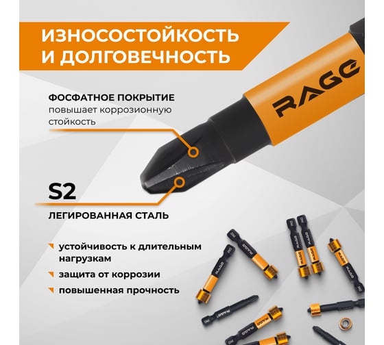 Биты с магнитным ограничителем RAGE By VIRA PH2 x 50 мм 2 шт для ДСП гипсокартона 554133