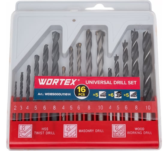 Набор сверл по дереву/металлу/бетону 16 шт WORTEX WDBS000U11614