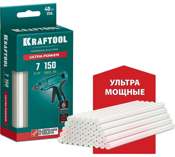Ультрамощные прозрачные клеевые стержни KRAFTOOL Ultra Power 40 шт, 7x150 мм 06837-40