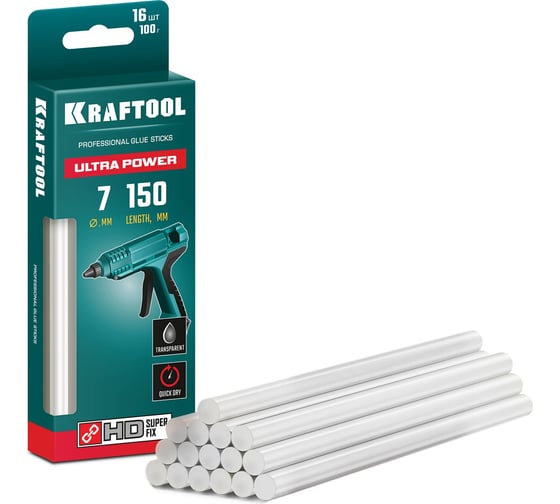 Ультрамощные прозрачные клеевые стержни KRAFTOOL Ultra Power 16 шт, 7x150 мм 06837-16