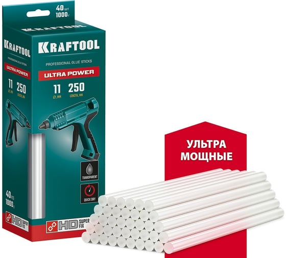 Ультрамощные прозрачные клеевые стержни KRAFTOOL Ultra Power 40 шт, 11x250 мм 06848-40