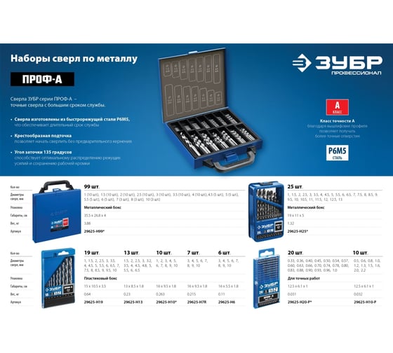 Набор сверл по металлу ЗУБР ПРОФ-А 99 шт, 1-10 мм 29625-H99