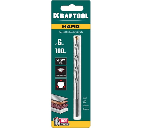 Сверло специальное по твёрдым материалам KRAFTOOL Hard 6x100 мм 29177-100-6