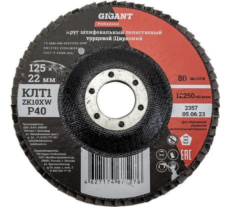 Круг лепестковый Professional 125х22.2 мм, P40, цирконий Gigant GNT-P40