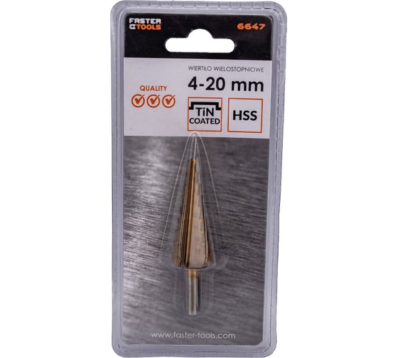 Сверло ступенчатое 4-20 мм FASTER TOOLS 6647