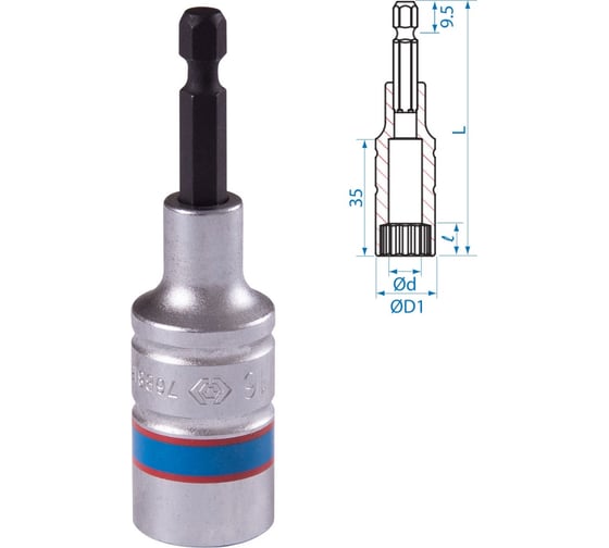 Головка двенадцатигранная 1/4", 16х80 мм для шуруповерта KING TONY 76B816M