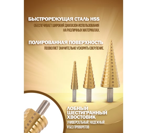Набор сверл ступенчатых 3 шт, 4-12/4-20/4-32 мм, в кейсе ROCKFORCE RF-44730(48682)