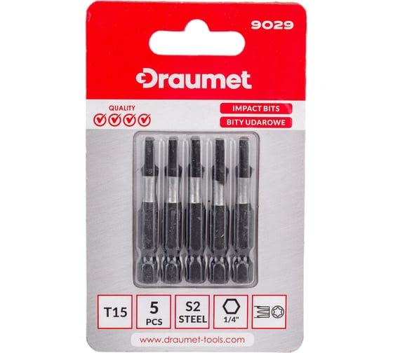 Биты ударные TORX T15, 50 мм, S2, 5 шт DRAUMET 9029