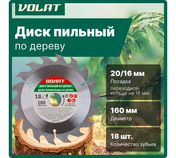 Диск пильный по дереву 160x20/16 мм, 18 зубьев ВОЛАТ 88120-18