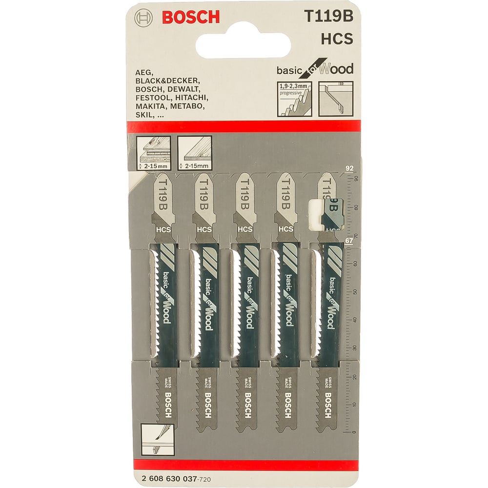 Пилка для лобзика по дереву (67 мм; 5 шт.) HCS T 119 B Bosch 2.608.630 ...