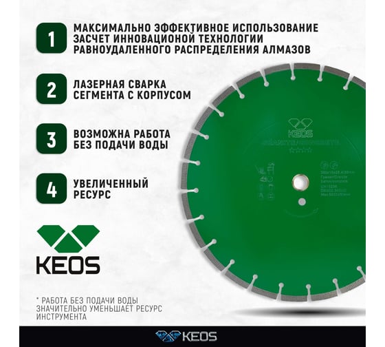 Диск алмазный GRANITE равноудаленный сегментный по граниту/бетону (350х25.4/20 мм) KEOS DBG02.350UD