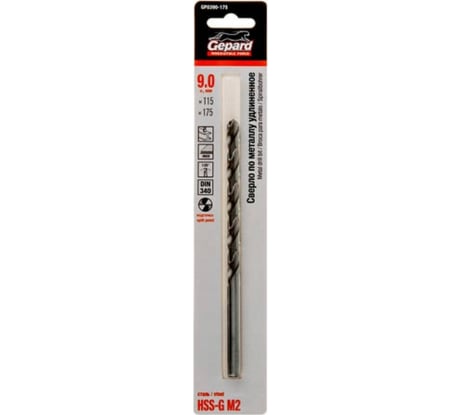 Сверло спиральное удлиненное по металлу 9x115x175 мм, HSS-G Gepard GP0390-175