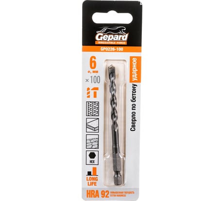 Сверло твердосплавное спиральное по бетону 6x100 мм, HRA 92 Gepard GP0226-100