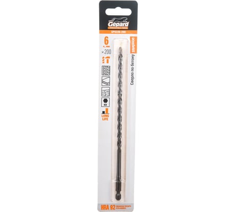 Сверло твердосплавное спиральное по бетону 6x200 мм, HRA 92 Gepard GP0226-200