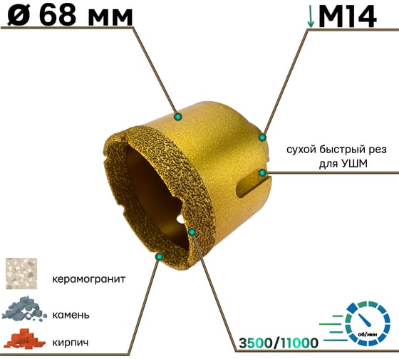 Коронка алмазная по керамограниту 68 мм, М14, сухой рез для УШМ S.E.B. 103AK-68M14
