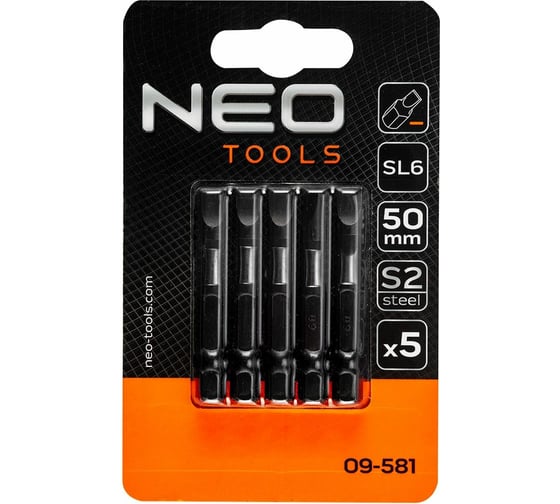 Биты ударные SL6x50 мм, 1/4", S2, 5 шт NEO Tools 09-581