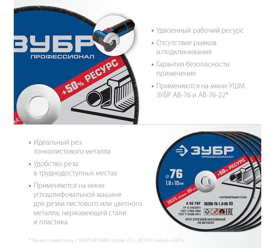 Отрезные круги по металлу ЗУБР X-2 5 шт, 76x1x10 мм, 5 шт 36200-76-1.0-H5_z03