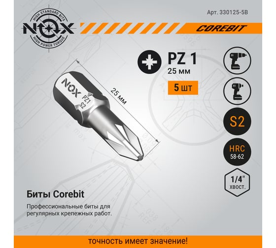 Бита COREBIT Pz1х25 мм, C6.3, 5 шт, бокс NOX 330125-5B