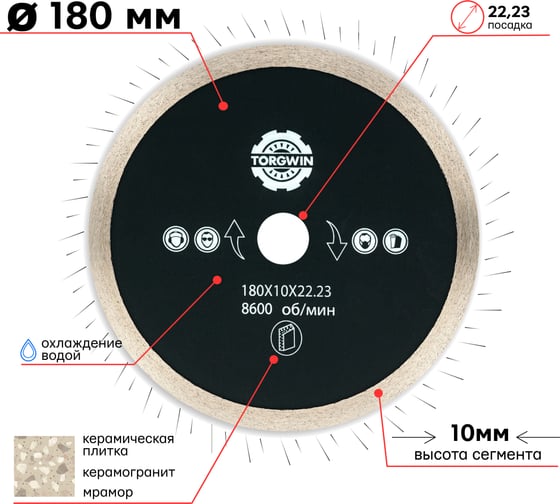 Алмазный диск тонкий сплошной по керамике и камню 180х1.5х10х22.2 мм TORGWIN 106AG-TG18022TKL