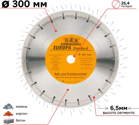 Алмазный диск сегментированный Europa 300х25.4 мм S.E.B. 106AG-E30025CE