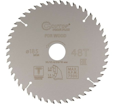 Диск пильный с тефлоновым покрытием по дереву Profi plus 185x1.3/2x30/25.4/20/16 мм, 48Т CUTOP 75-18548Т